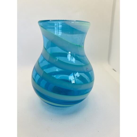 Hand Blown Art Glass Blue Swirls Decorative 5" Vase - Picture 9 of 9